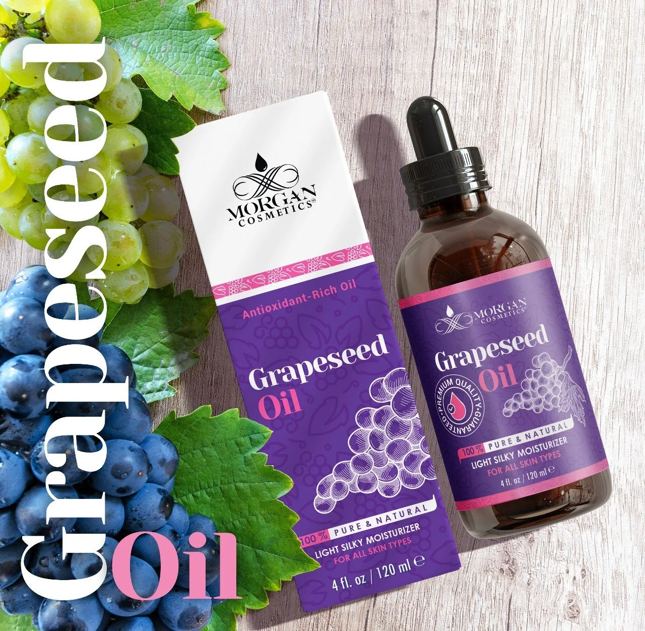 100% Pure Grapeseed Oil Antioxidant-rich Oil For all Skin types 4 fl oz 118 ml by Morgan Cosmetics