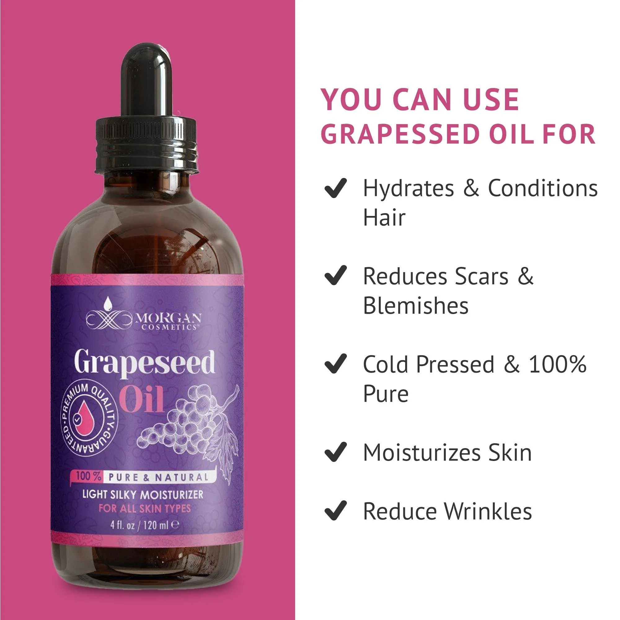 100% Pure Grapeseed Oil Antioxidant-rich Oil For all Skin types 4 fl oz 118 ml by Morgan Cosmetics