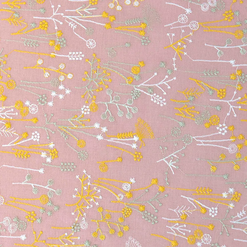 120cm Width x 95cm Length Premium Botanical Floral Embroidery Ramie Cotton Fabric