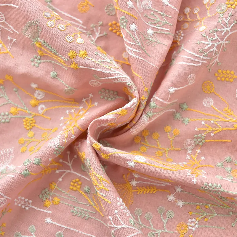 120cm Width x 95cm Length Premium Botanical Floral Embroidery Ramie Cotton Fabric
