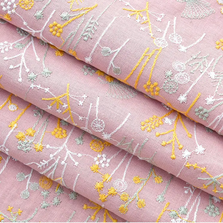 120cm Width x 95cm Length Premium Botanical Floral Embroidery Ramie Cotton Fabric