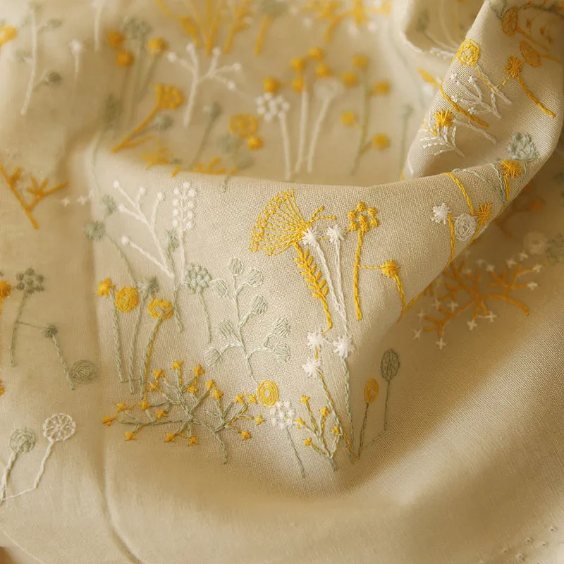 120cm Width x 95cm Length Premium Botanical Floral Embroidery Ramie Cotton Fabric