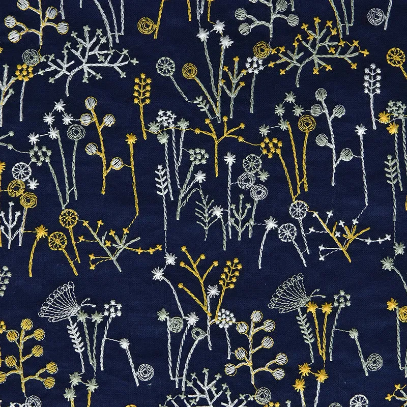 120cm Width x 95cm Length Premium Botanical Floral Embroidery Ramie Cotton Fabric