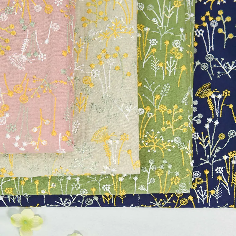 120cm Width x 95cm Length Premium Botanical Floral Embroidery Ramie Cotton Fabric
