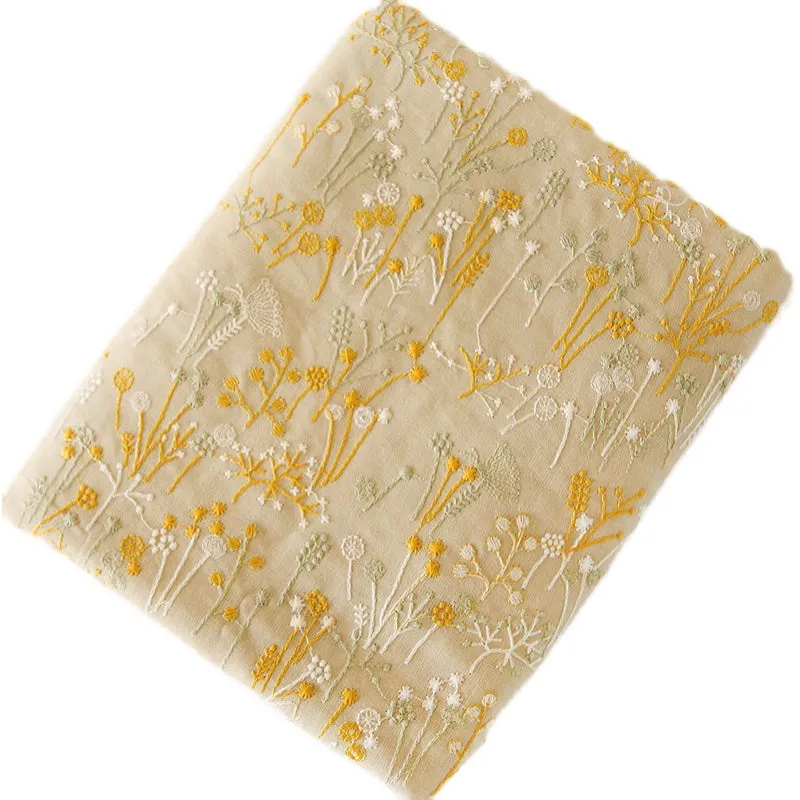 120cm Width x 95cm Length Premium Botanical Floral Embroidery Ramie Cotton Fabric