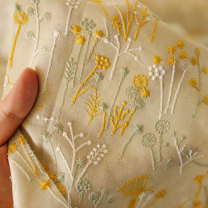 120cm Width x 95cm Length Premium Botanical Floral Embroidery Ramie Cotton Fabric