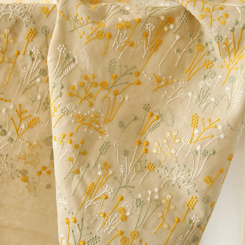 120cm Width x 95cm Length Premium Botanical Floral Embroidery Ramie Cotton Fabric