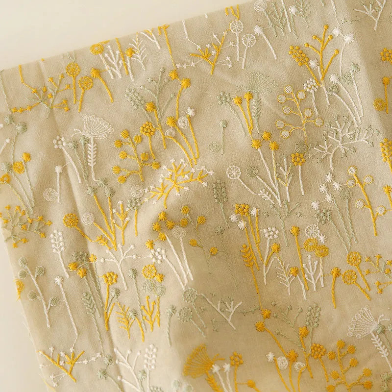 120cm Width x 95cm Length Premium Botanical Floral Embroidery Ramie Cotton Fabric