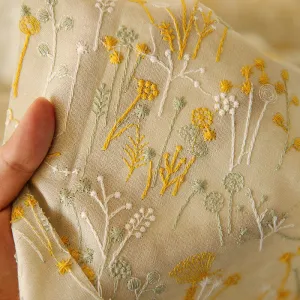 120cm Width x 95cm Length Premium Botanical Floral Embroidery Ramie Cotton Fabric