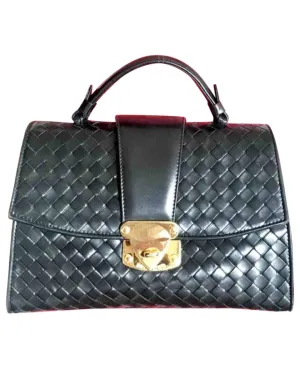 1990s. Vintage Bottega Veneta classic black lamb leather intrecciato handbag with golden closure hock. Gorgeous masterpiece from Bottega.