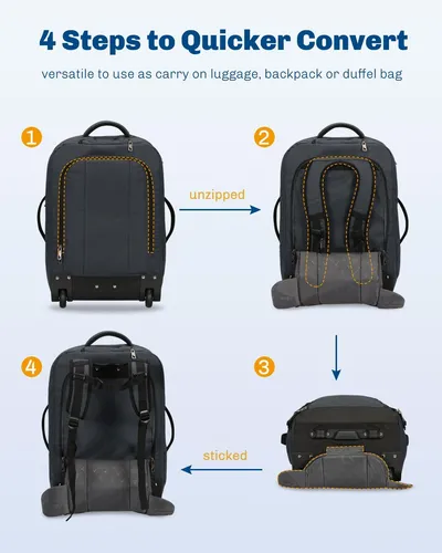 2 in 1 Travel Backpack 22 Inches Carry on Luggage 63L Rolling Backpack for Men W