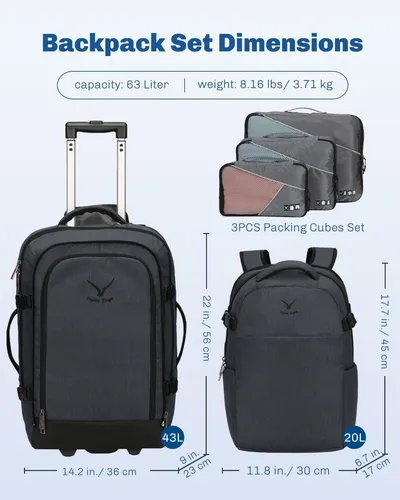 2 in 1 Travel Backpack 22 Inches Carry on Luggage 63L Rolling Backpack for Men W