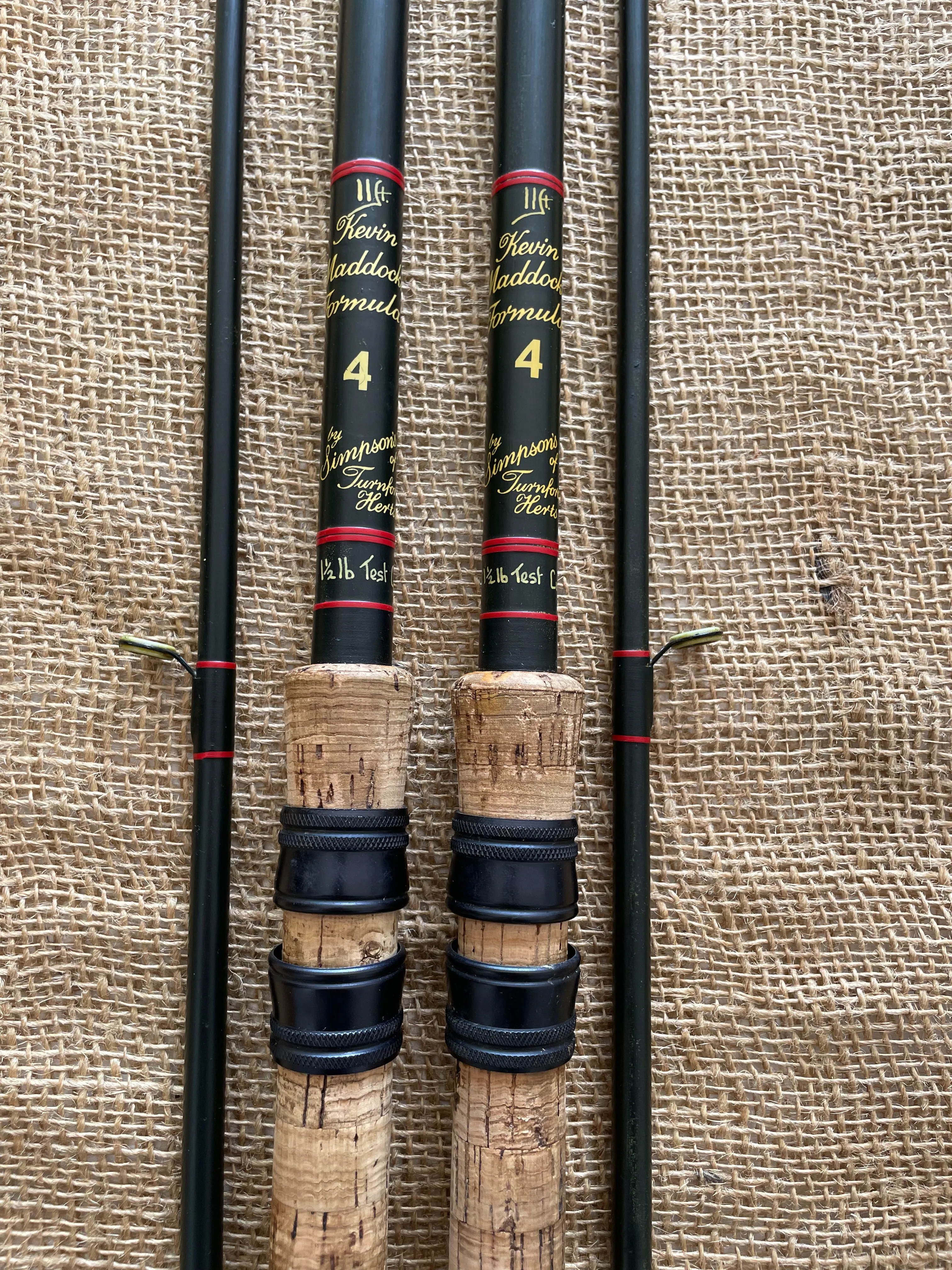 2 x Simpson’s Of Turnford Kevin Maddocks 4 Vintage Old School Carp Fishing Rods. 11’. 1.5lb T/C.