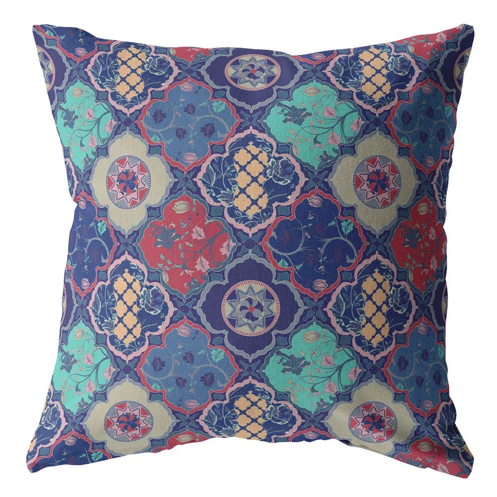 28” Navy Red Trellis Indoor Outdoor Throw Pillow