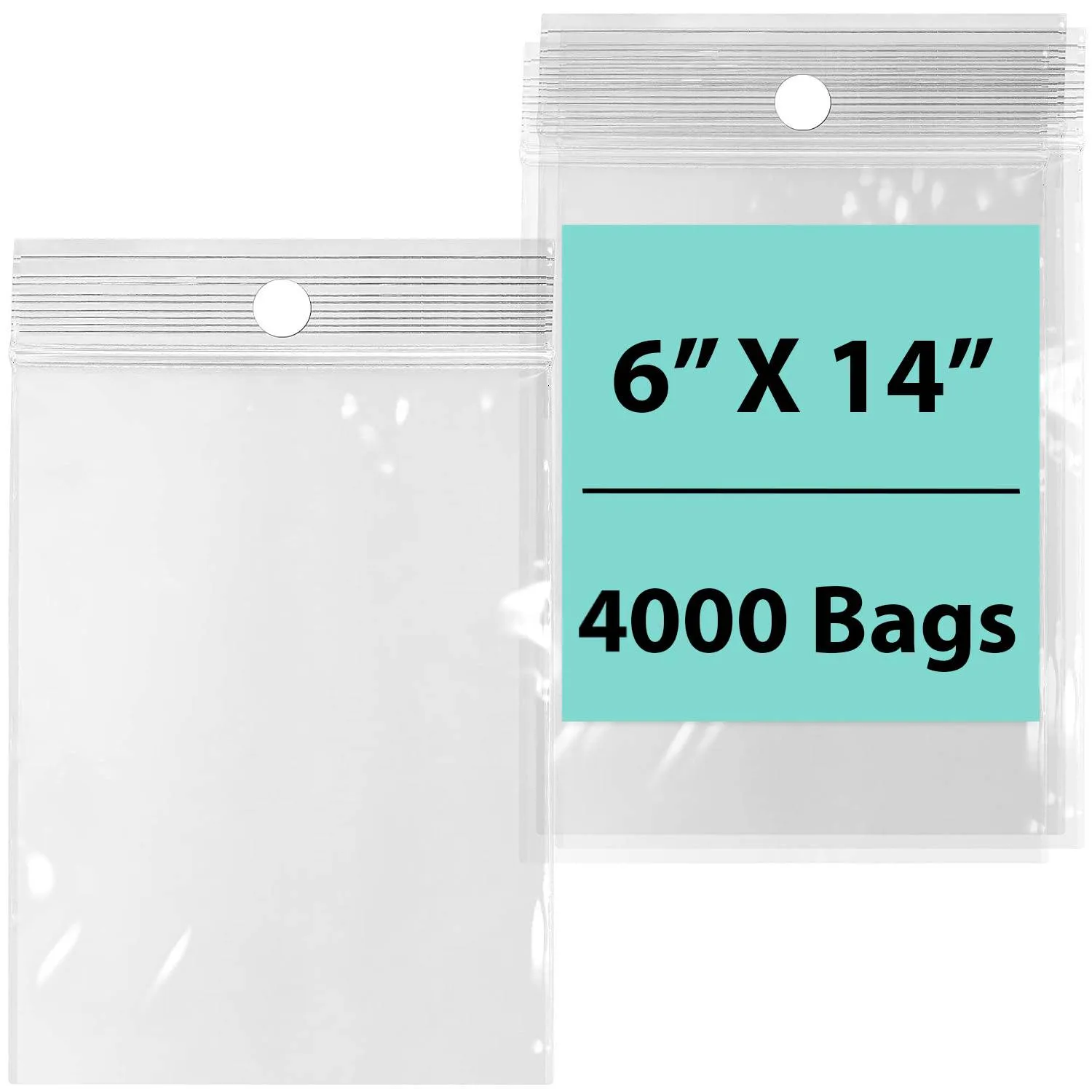6X14 inches Reclosable Poly Bags with Hang Hole 2 Mil (LDPE) Single Track Zipper