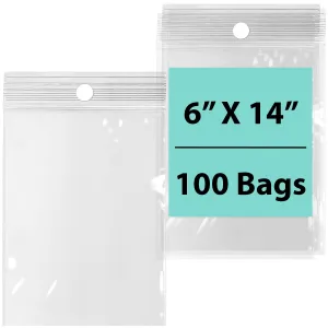 6X14 inches Reclosable Poly Bags with Hang Hole 2 Mil (LDPE) Single Track Zipper