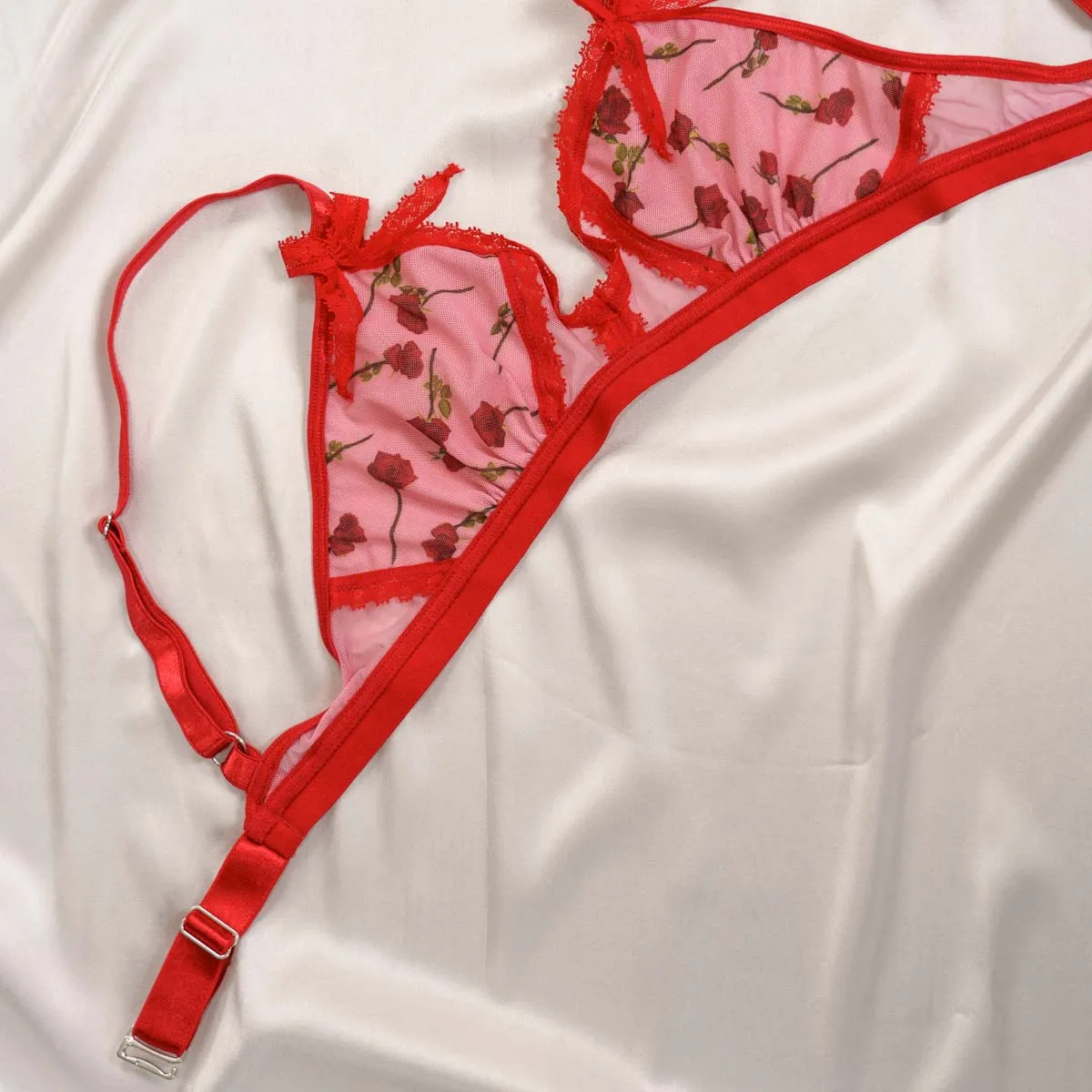 A Dozen Roses Printed Mesh Peekaboo Bralette