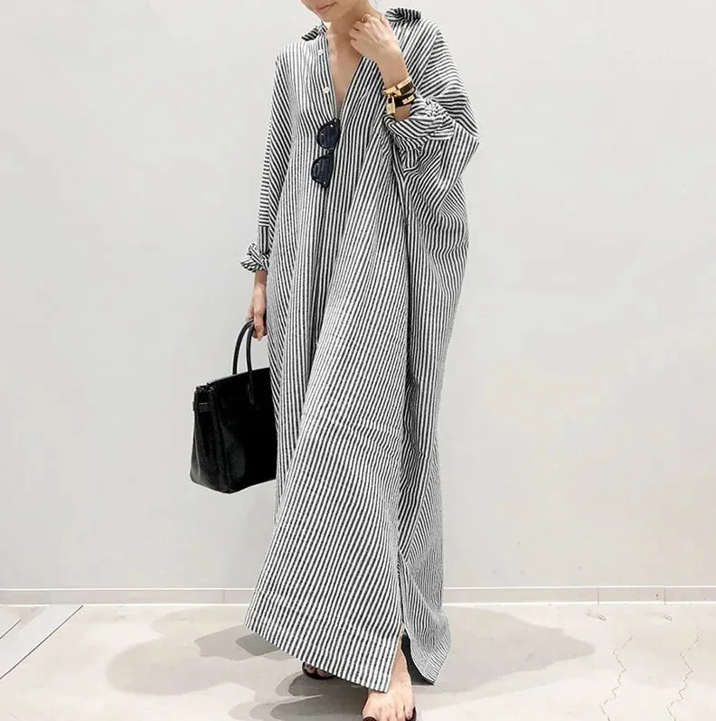 Autumn New Striped Women's Long Dress V-neck  Sleeves Loose Dress Home Wear Loose