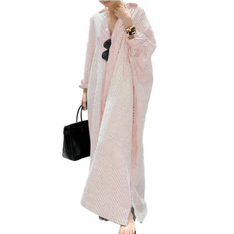 Autumn New Striped Women's Long Dress V-neck  Sleeves Loose Dress Home Wear Loose