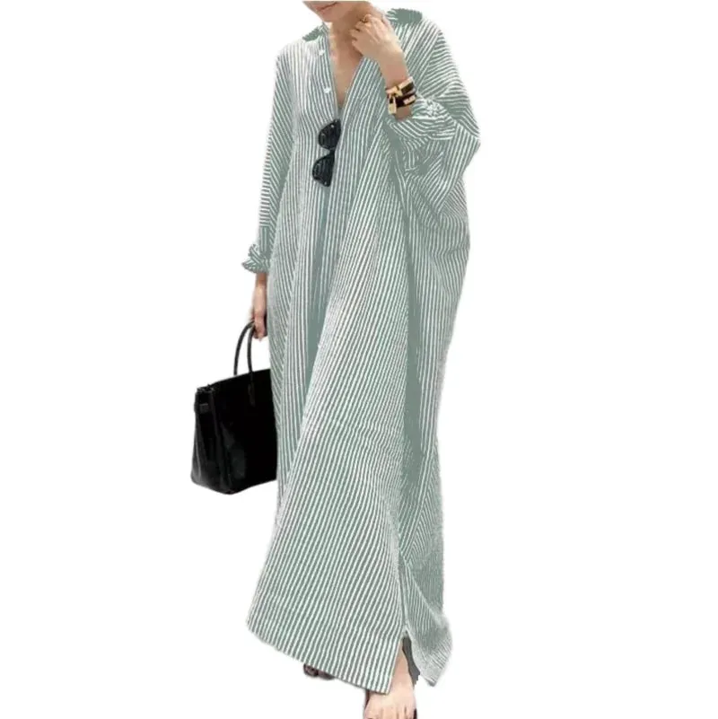 Autumn New Striped Women's Long Dress V-neck  Sleeves Loose Dress Home Wear Loose