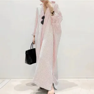 Autumn New Striped Women's Long Dress V-neck  Sleeves Loose Dress Home Wear Loose