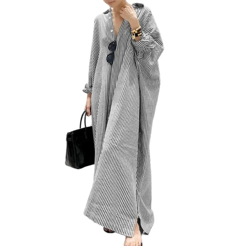 Autumn New Striped Women's Long Dress V-neck  Sleeves Loose Dress Home Wear Loose