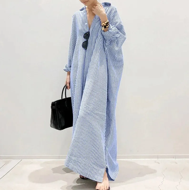 Autumn New Striped Women's Long Dress V-neck  Sleeves Loose Dress Home Wear Loose