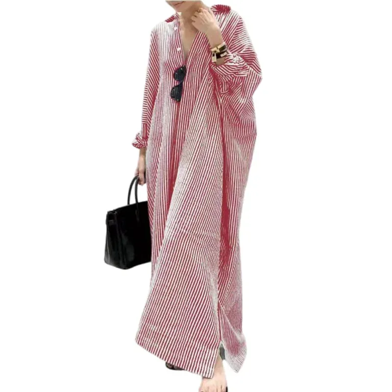 Autumn New Striped Women's Long Dress V-neck  Sleeves Loose Dress Home Wear Loose