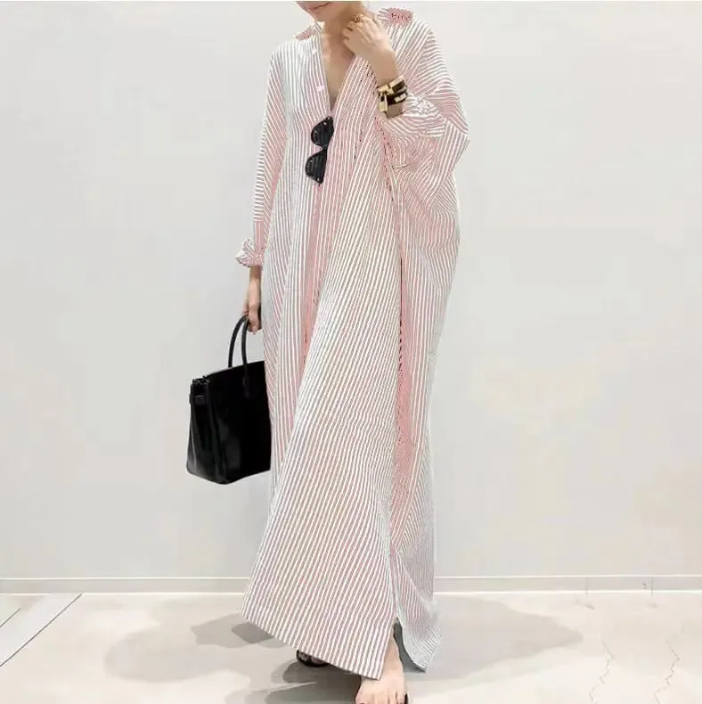 Autumn New Striped Women's Long Dress V-neck  Sleeves Loose Dress Home Wear Loose