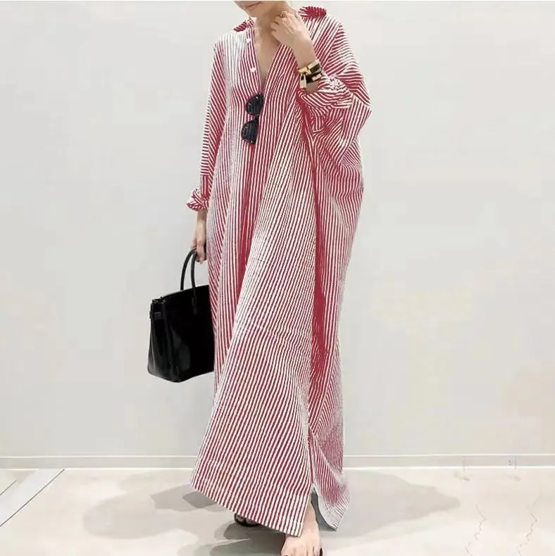 Autumn New Striped Women's Long Dress V-neck  Sleeves Loose Dress Home Wear Loose