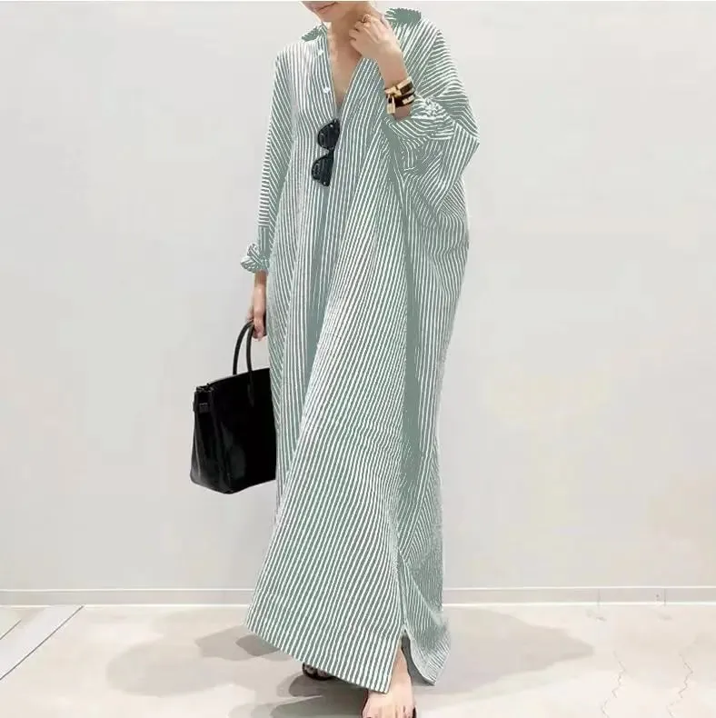 Autumn New Striped Women's Long Dress V-neck  Sleeves Loose Dress Home Wear Loose