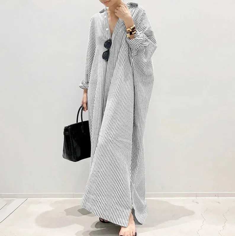 Autumn New Striped Women's Long Dress V-neck  Sleeves Loose Dress Home Wear Loose