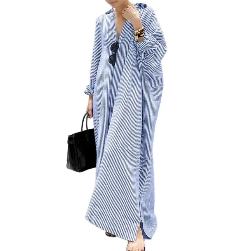 Autumn New Striped Women's Long Dress V-neck  Sleeves Loose Dress Home Wear Loose