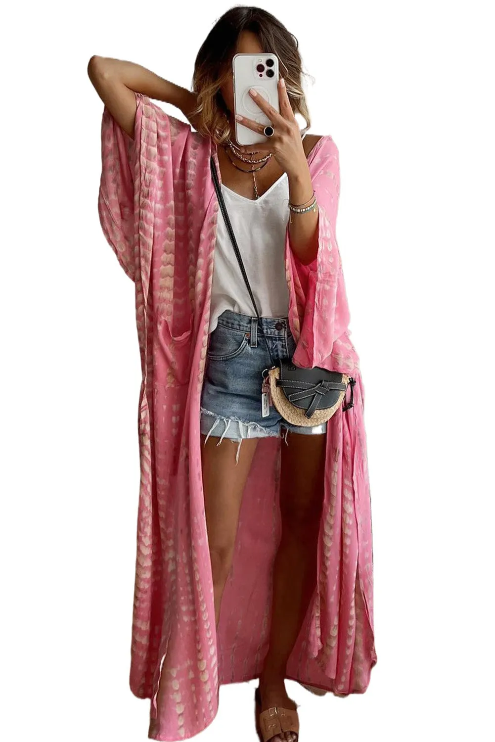 Barbie Style  Pink Bohemian Tie Dye Oversize Long Kimono