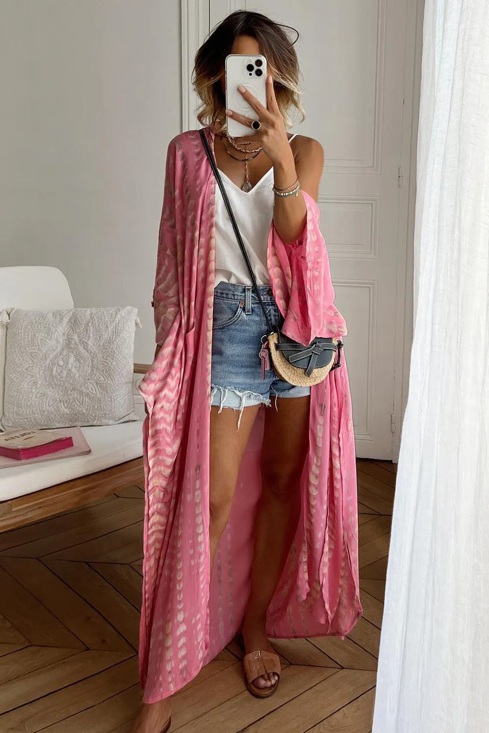 Barbie Style  Pink Bohemian Tie Dye Oversize Long Kimono