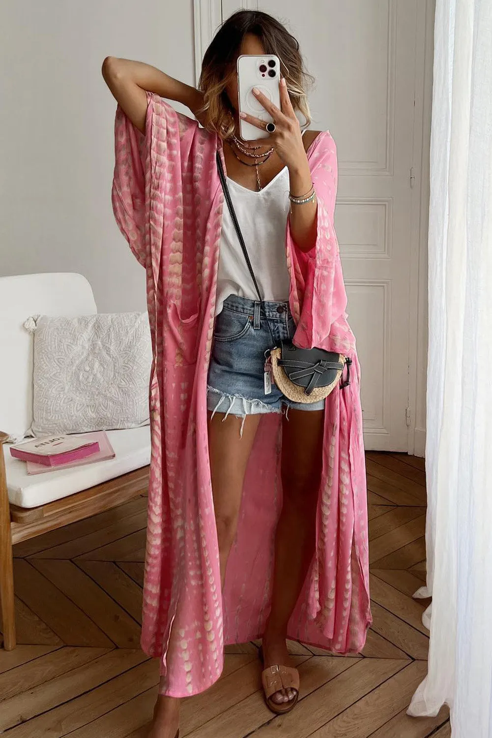 Barbie Style  Pink Bohemian Tie Dye Oversize Long Kimono