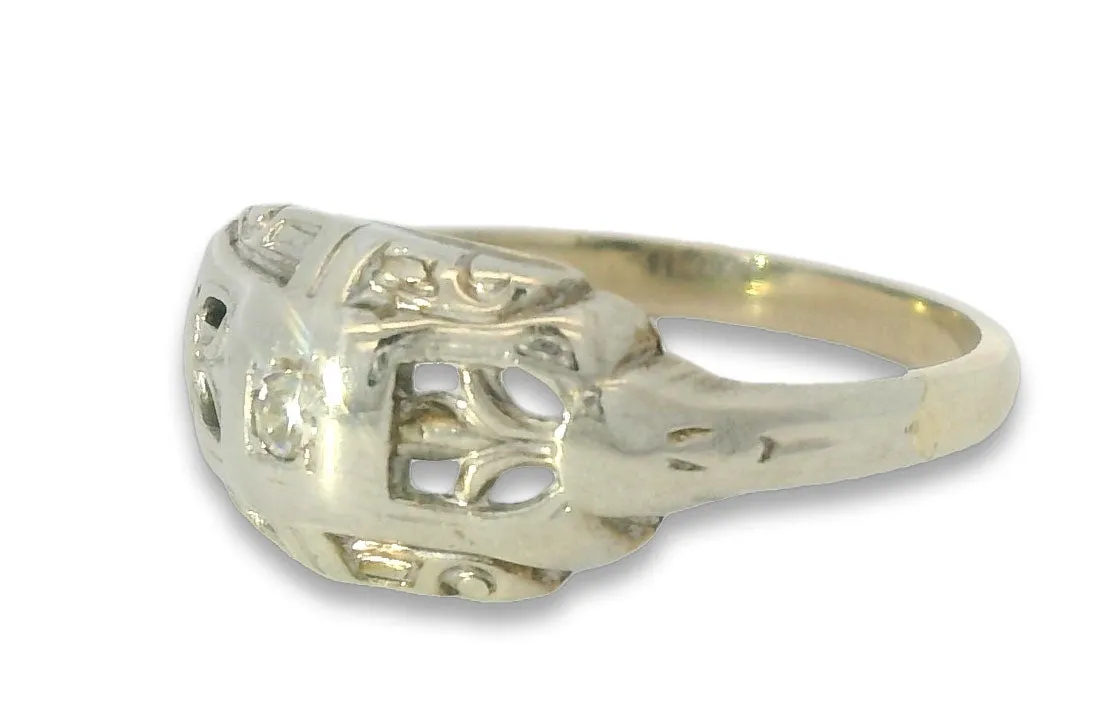 Beautiful Antique 14K White Gold Filigree Diamond Pinky Ring Band