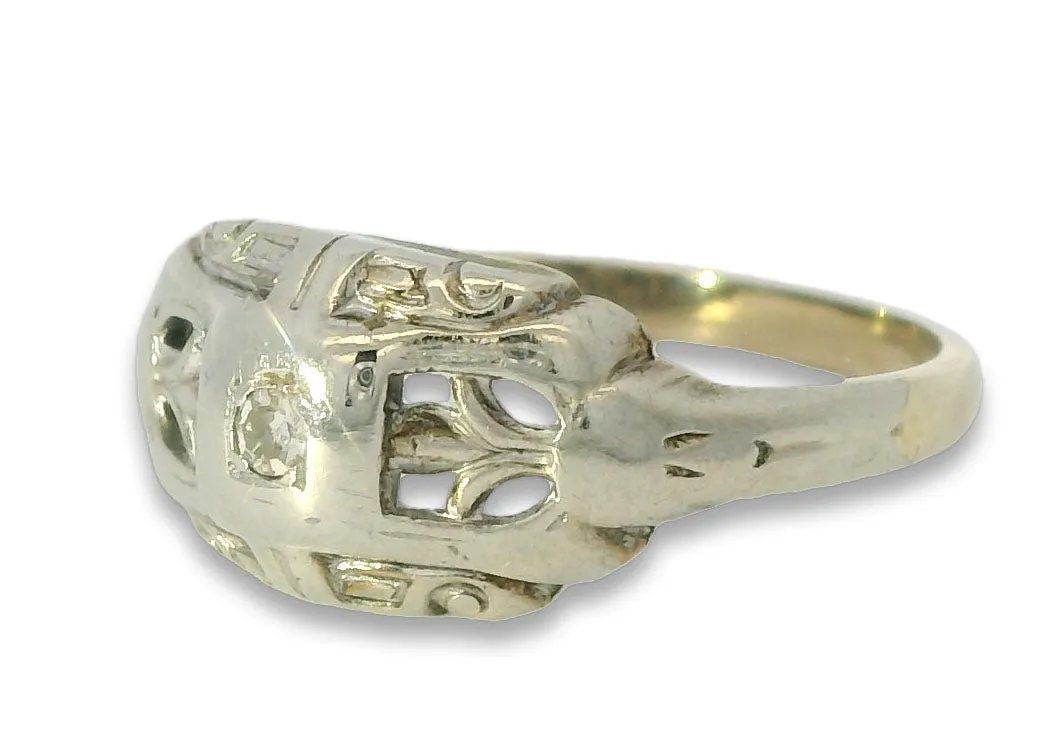 Beautiful Antique 14K White Gold Filigree Diamond Pinky Ring Band