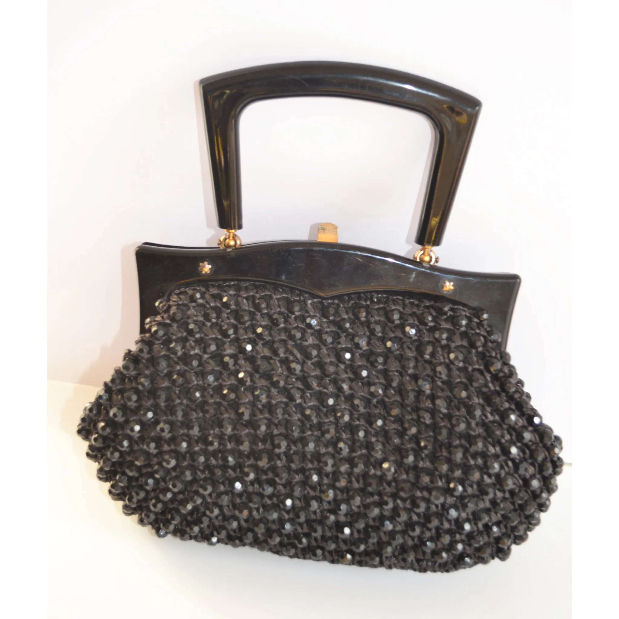 Black Beaded Plastic Framed Straw Purse