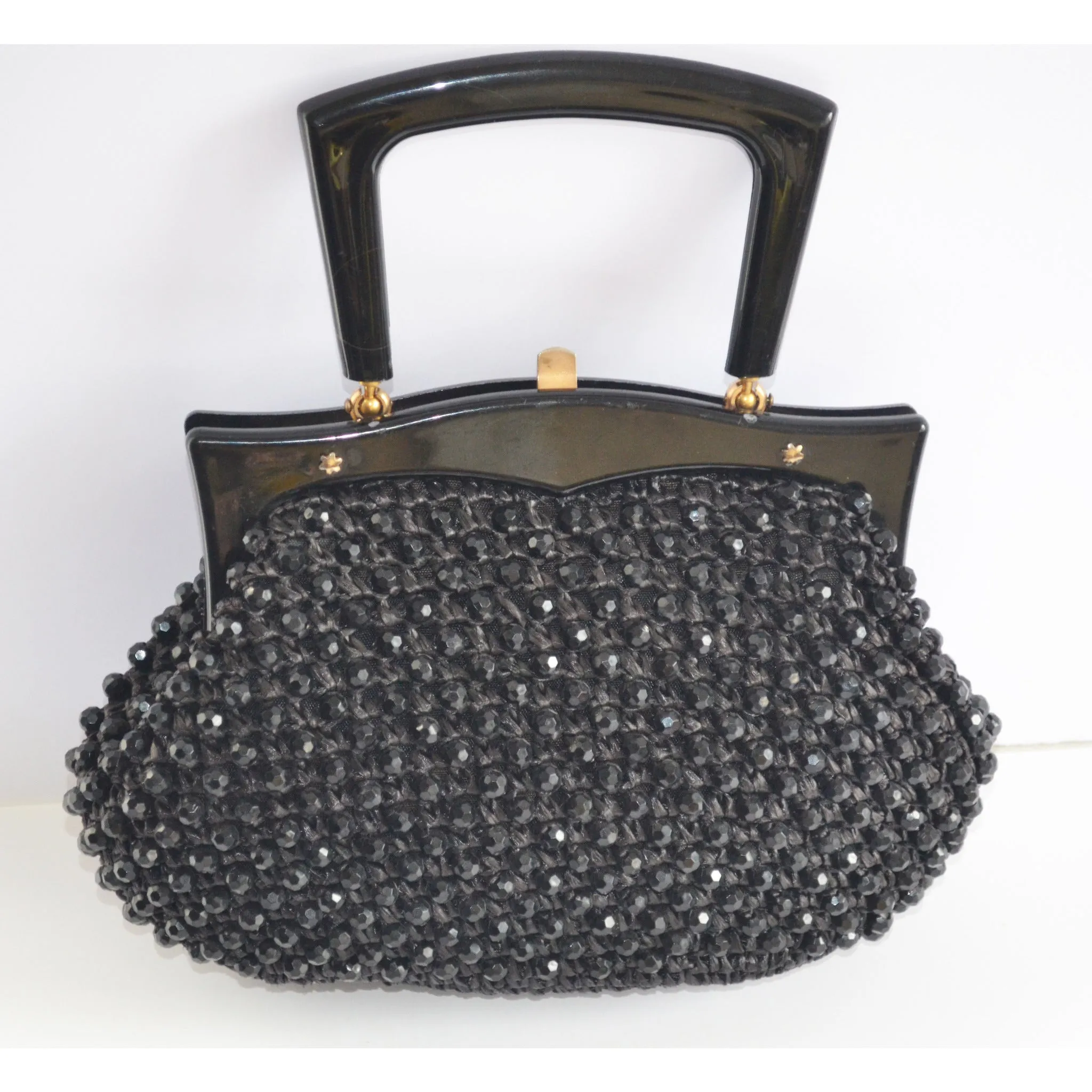 Black Beaded Plastic Framed Straw Purse