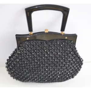 Black Beaded Plastic Framed Straw Purse