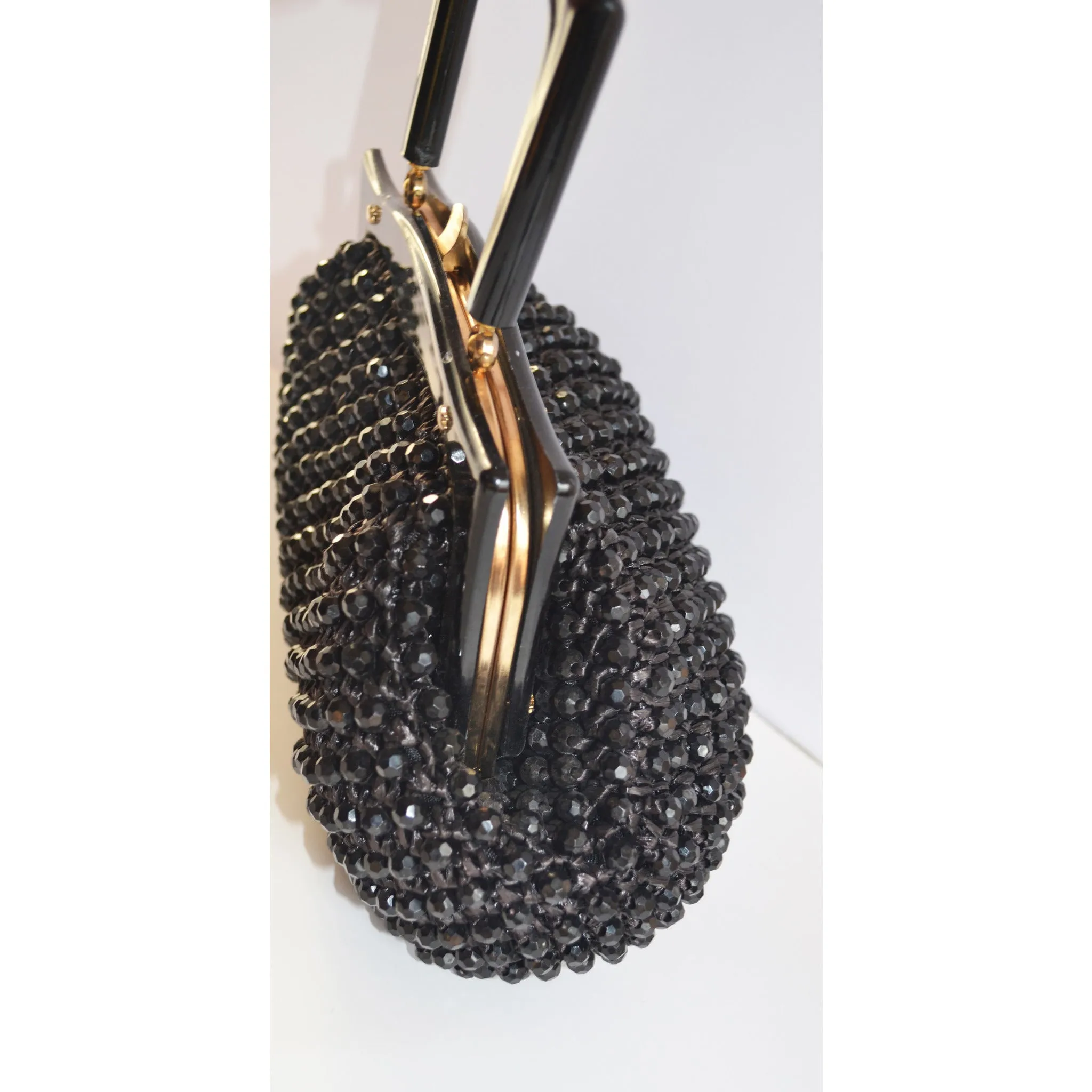 Black Beaded Plastic Framed Straw Purse