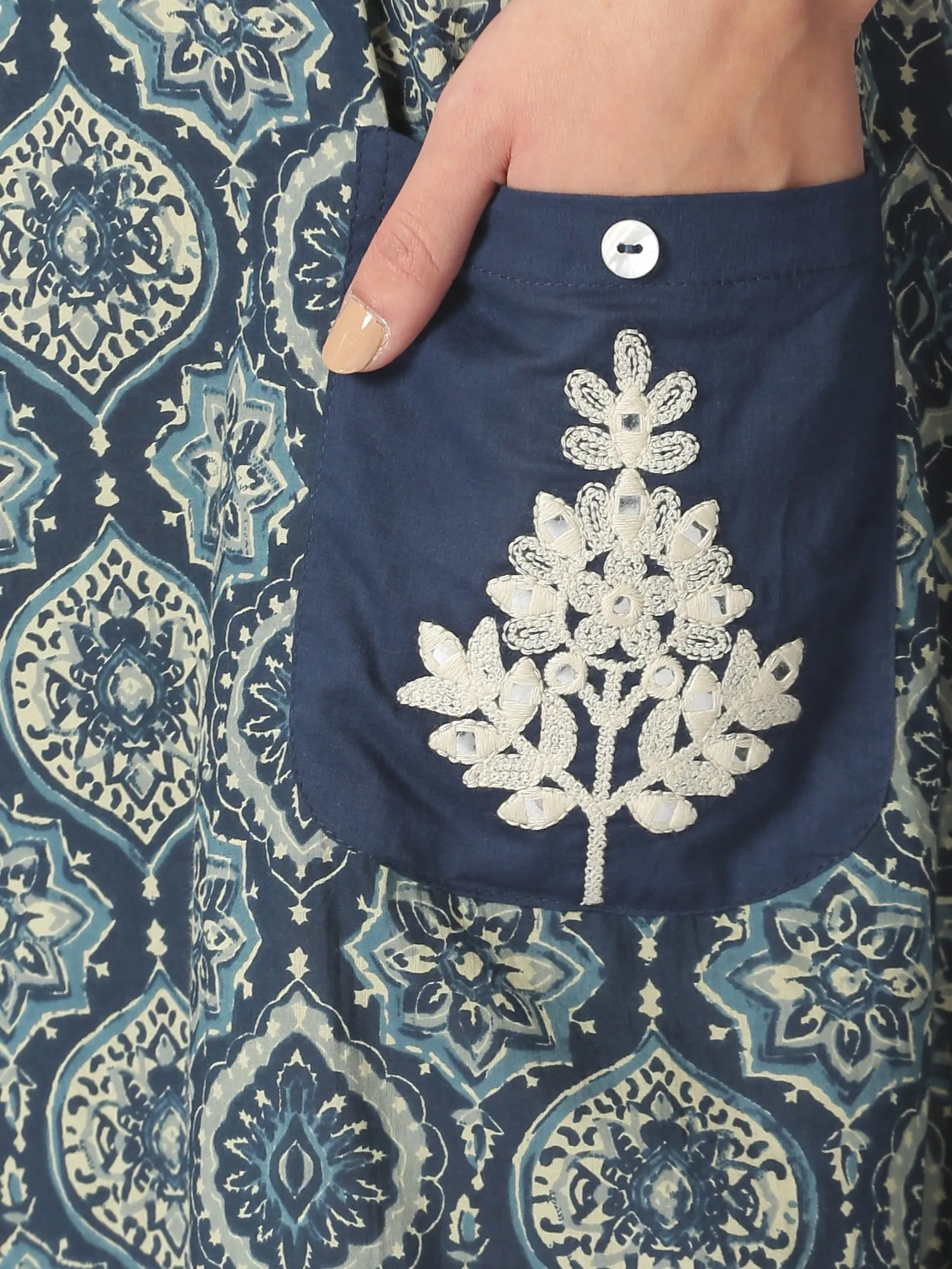 Blue Ethnic Motifs Midi Dress with Embroidered Patch Pockets & Shoulder Tabs