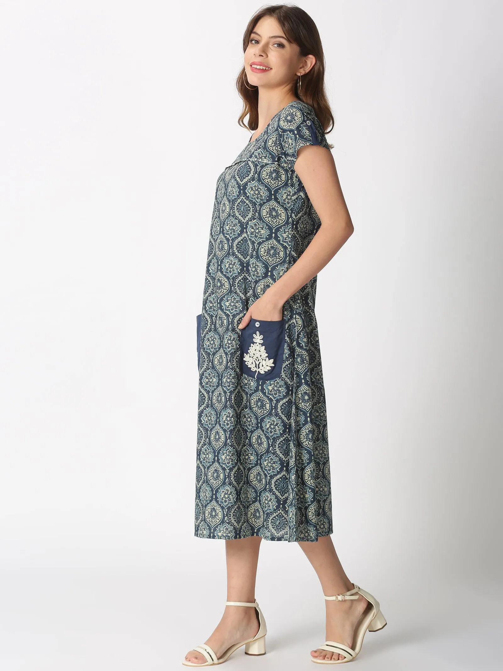 Blue Ethnic Motifs Midi Dress with Embroidered Patch Pockets & Shoulder Tabs