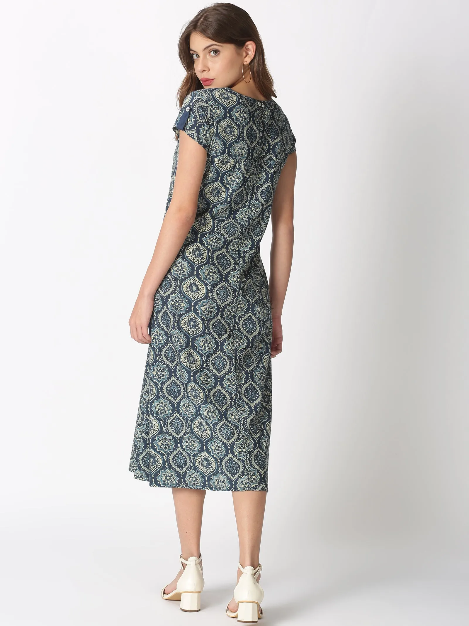 Blue Ethnic Motifs Midi Dress with Embroidered Patch Pockets & Shoulder Tabs