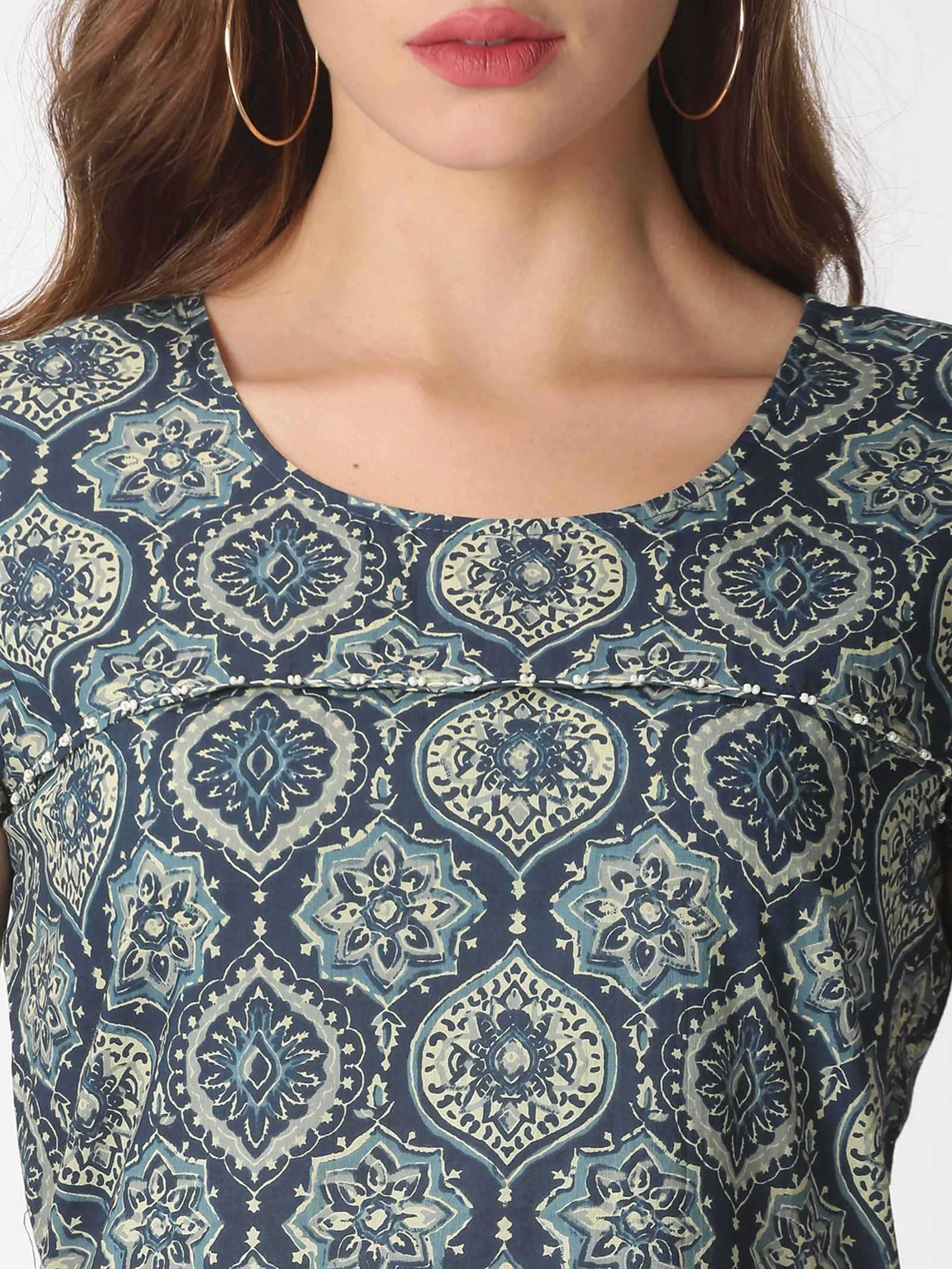Blue Ethnic Motifs Midi Dress with Embroidered Patch Pockets & Shoulder Tabs