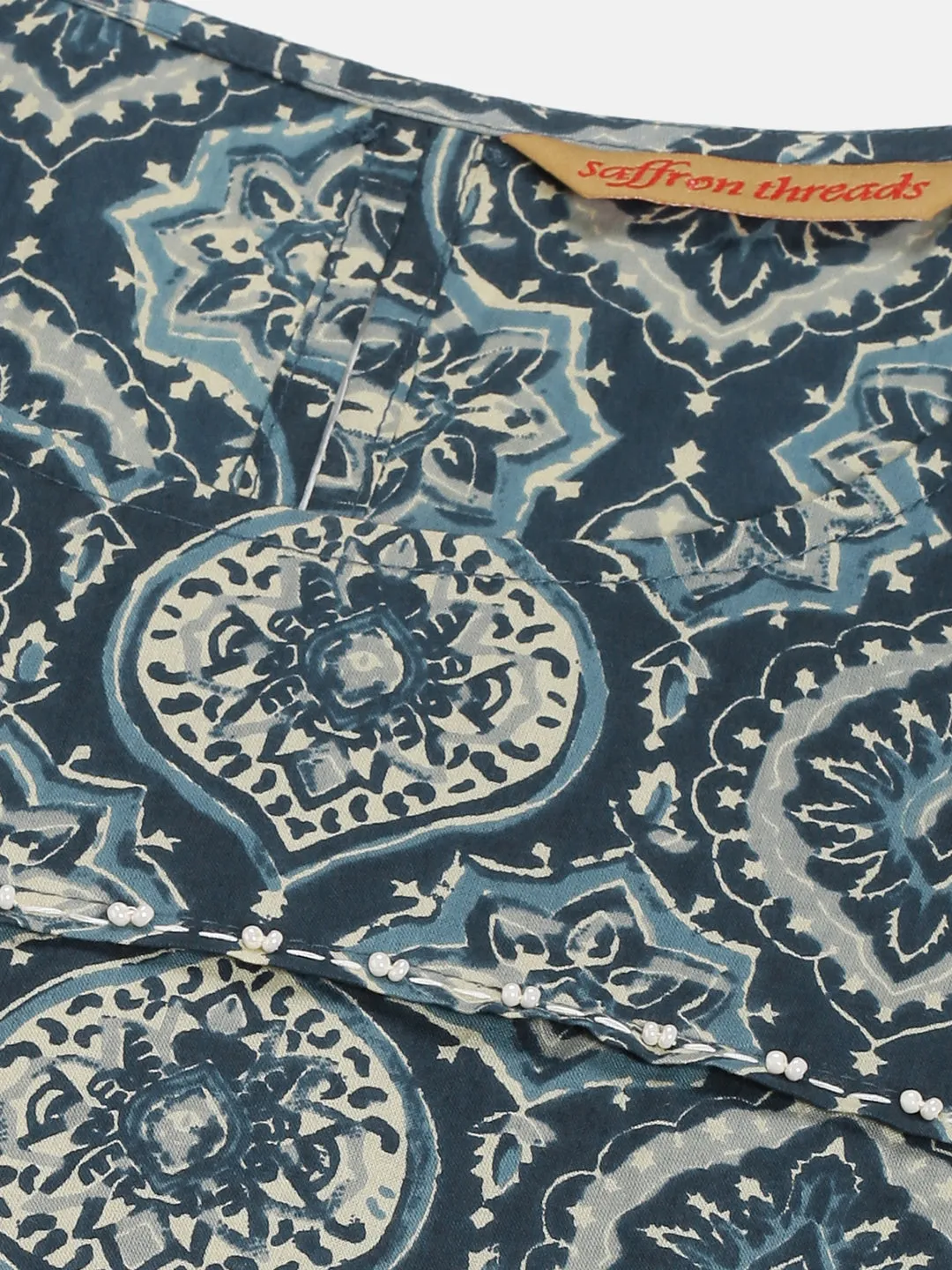 Blue Ethnic Motifs Midi Dress with Embroidered Patch Pockets & Shoulder Tabs