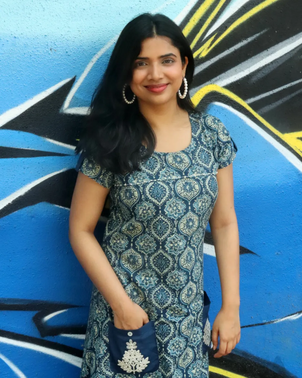 Blue Ethnic Motifs Midi Dress with Embroidered Patch Pockets & Shoulder Tabs