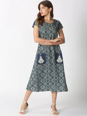 Blue Ethnic Motifs Midi Dress with Embroidered Patch Pockets & Shoulder Tabs