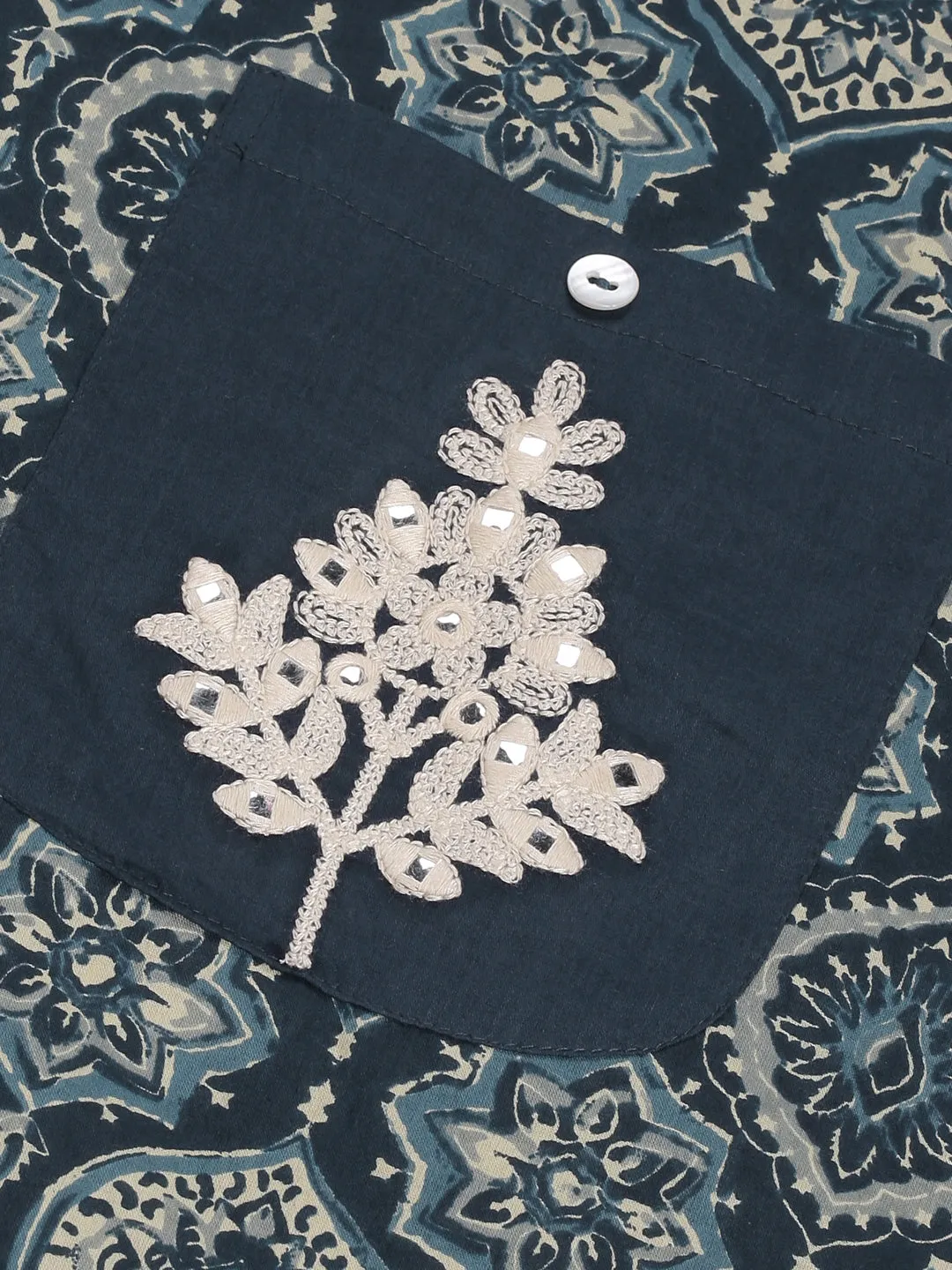 Blue Ethnic Motifs Midi Dress with Embroidered Patch Pockets & Shoulder Tabs